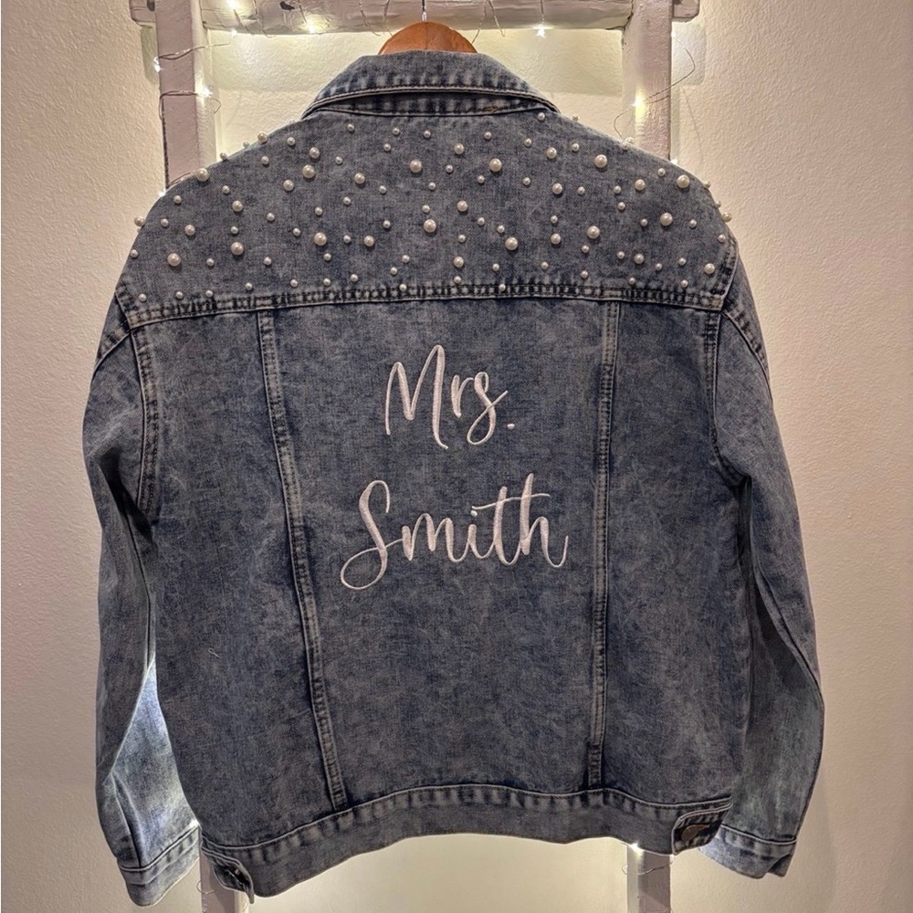 Personalized White-Script Denim Jacket with Pearl… - image 1